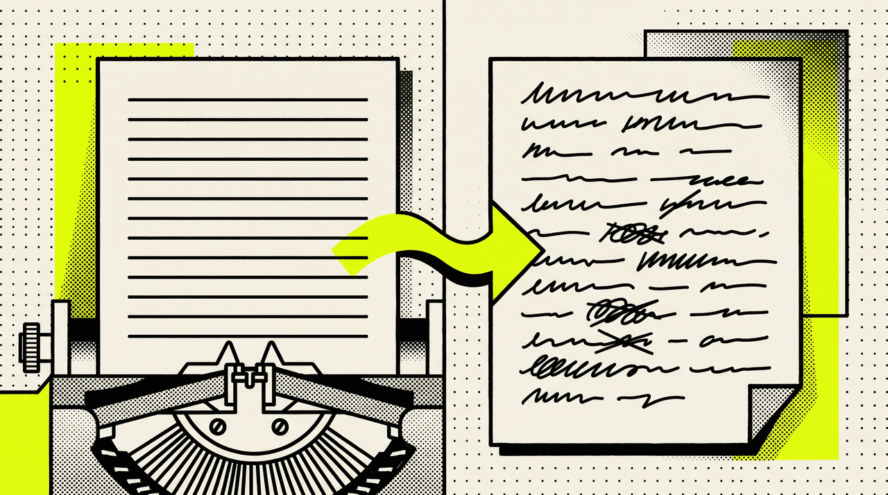 Split illustration showing a typewriter producing uniform mechanical lines on the left, transforming into varied handwritten scribbles on the right, joined by a lime-yellow arrow.