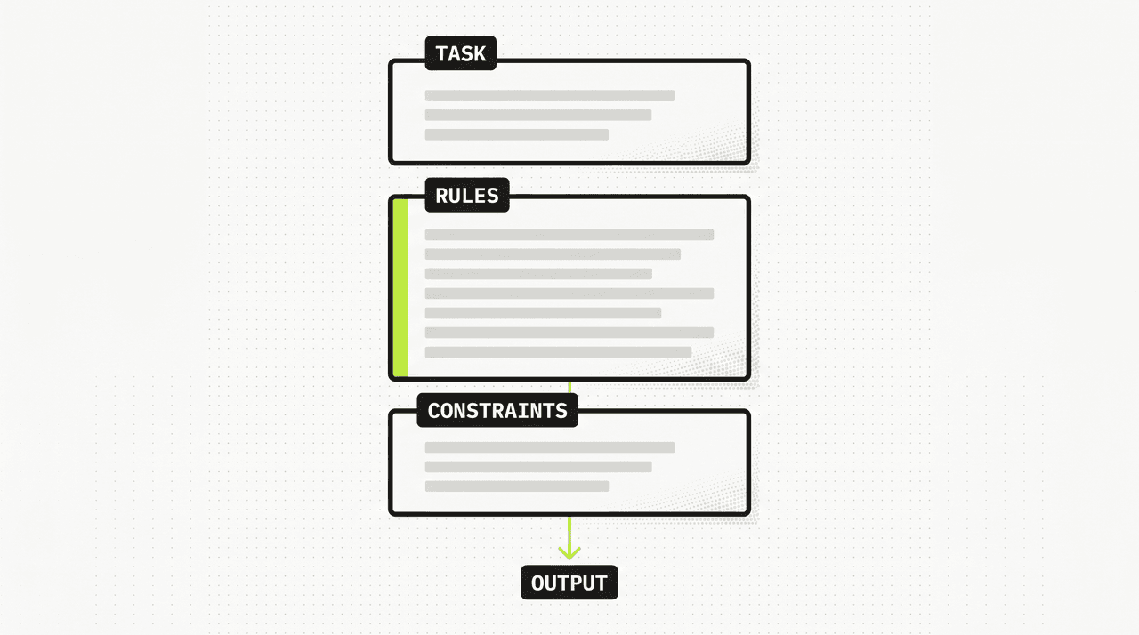 Schematic of the prompt template structure showing three stacked blocks labelled TASK, RULES, and CONSTRAINTS, with the RULES block sized largest and accented with a lime-green left edge, feeding into a single OUTPUT node below.