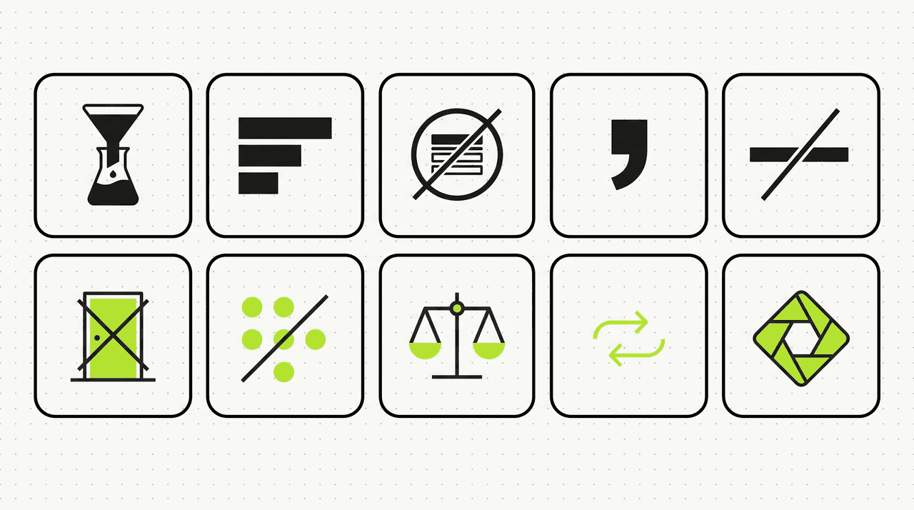 A 5-by-2 grid of ten minimal icon tiles representing each humanization technique: rules upstream, sentence-length variance, banned phrases, contractions, no em dashes, no predictable openers, no parallel three-part lists, honest tradeoff, pronoun reference, and first-hand evidence.
