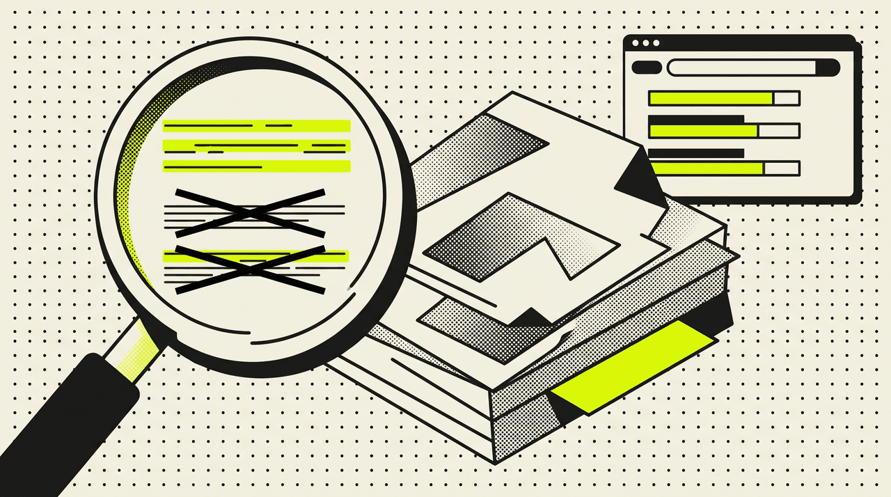 Magnifying glass examining a stack of documents, some lines highlighted, others crossed out, with a stylized search engine results page beside it.