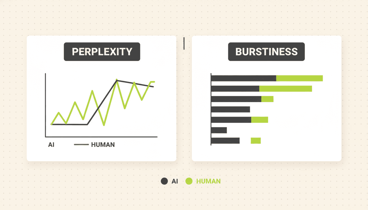 Side-by-side comparison chart of perplexity and burstiness in AI versus human writing. The AI line is flat and uniform; the human line zig-zags with high variance. The bar chart shows AI sentence lengths roughly equal while human sentence lengths vary dramatically.