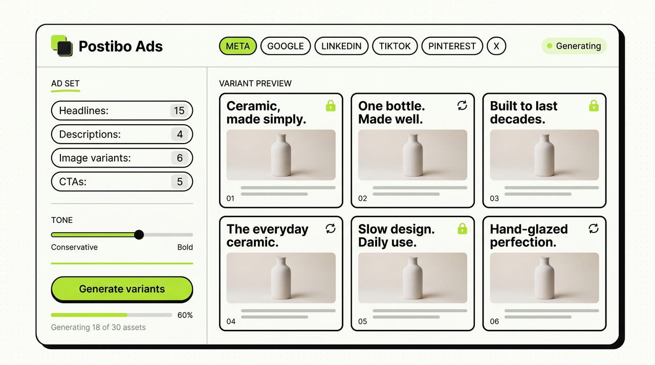 Realistic Postibo Ads Generator dashboard mockup showing variant generation for A/B testing: a control panel with platform selector (Meta Ads active), variant counts (15 headlines, 4 descriptions, 6 images), tone slider, and a generate button — plus a preview grid on the right showing 6 different headline variants of the same ad with the bottle product, each as a separate locked/unlocked card