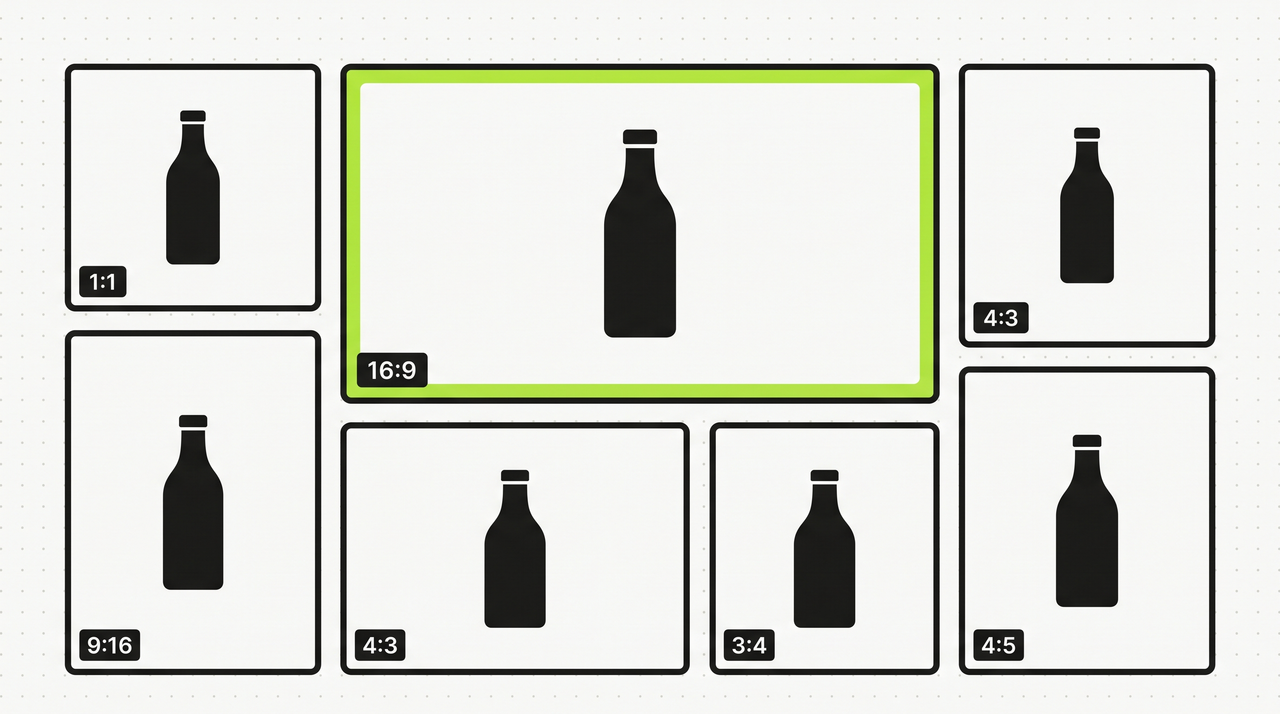 Designer tiled composition of six aspect-ratio frames each containing the same bottle silhouette, arranged puzzle-style
