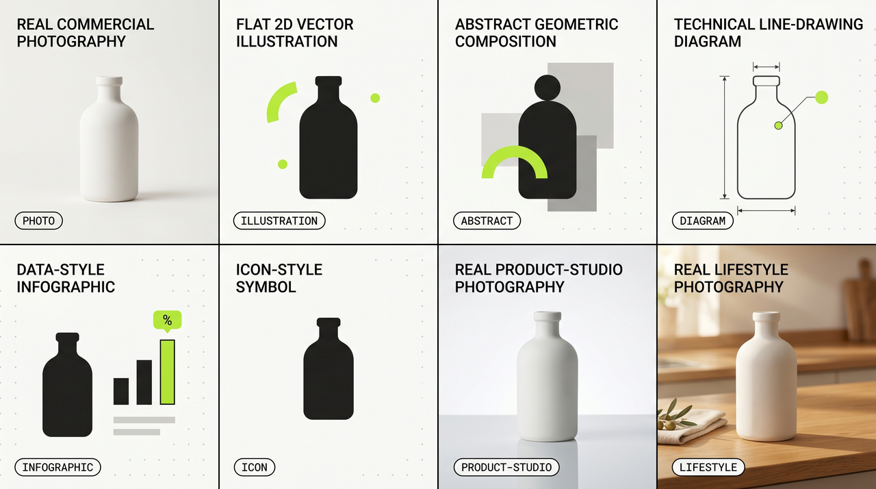 Eight style presets arranged in a 2-row by 4-column grid — the same ceramic bottle subject rendered in photo, illustration, abstract, diagram, infographic, icon, product-studio, and lifestyle treatments — each cell labeled with a mono-caps chip
