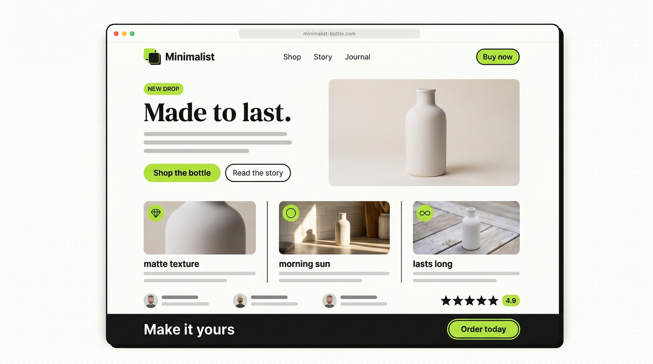 Realistic finished landing page mockup featuring the matte white ceramic bottle: browser-window chrome with a top nav bar (Postibo logo + 3 nav links + lime CTA), a hero section with bold "Made to last." headline, supporting subhead, lime CTA button, and a real bottle hero photo on the right; below the hero a 3-column features row each with a small bottle photo and copy bars; a social-proof strip with three avatar circles + ratings; and a dark final CTA band with chalk text and a lime button