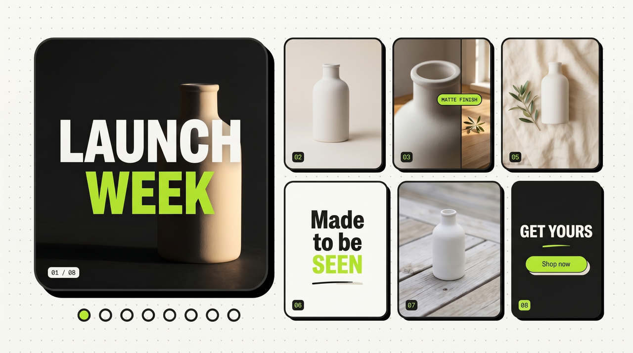 Realistic 8-slide social carousel preview — a large hook slide on the left with bold LAUNCH WEEK typography over a real moody product photo, and seven smaller slides on the right showing the same matte white ceramic bottle photographed in different contexts and angles, with pagination dots indicating slide order