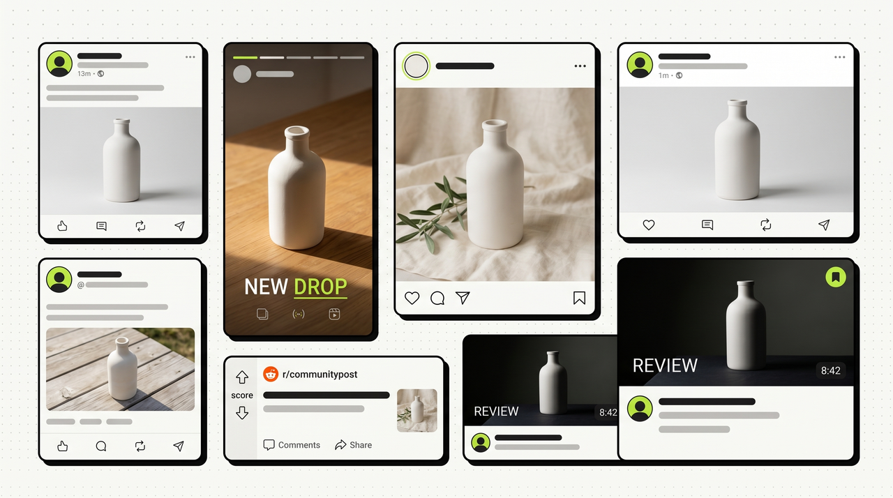 Seven realistic social platform post mockups in a staggered grid — Instagram square feed, vertical story, LinkedIn wide professional post, X/Twitter compact post, Pinterest tall pin, YouTube video thumbnail, and Reddit community post — each containing a real photograph of the same matte white ceramic bottle